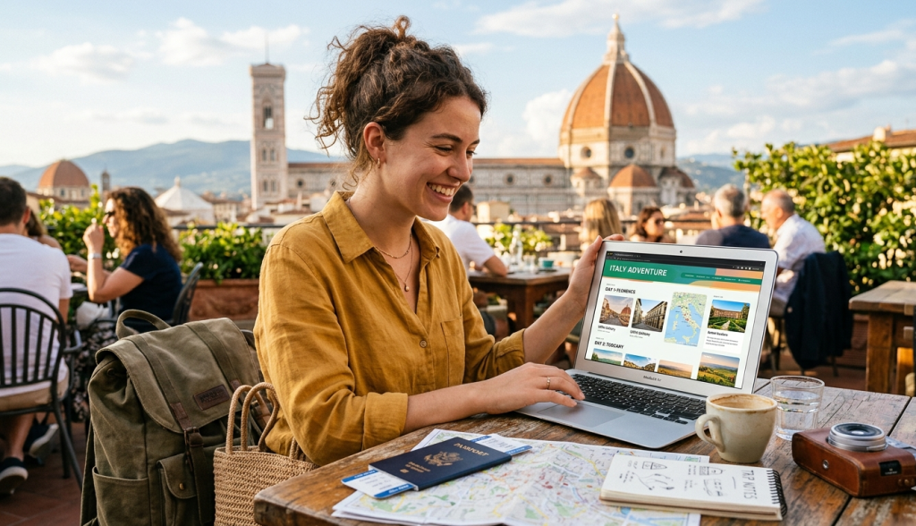 Traveler reviewing a personalized digital travel itinerary before a trip.