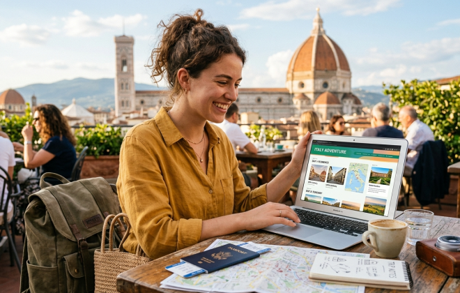 Traveler reviewing a personalized digital travel itinerary before a trip.