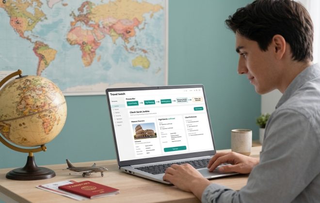 Travel advisor using a CRM dashboard on a laptop to plan a client trip.